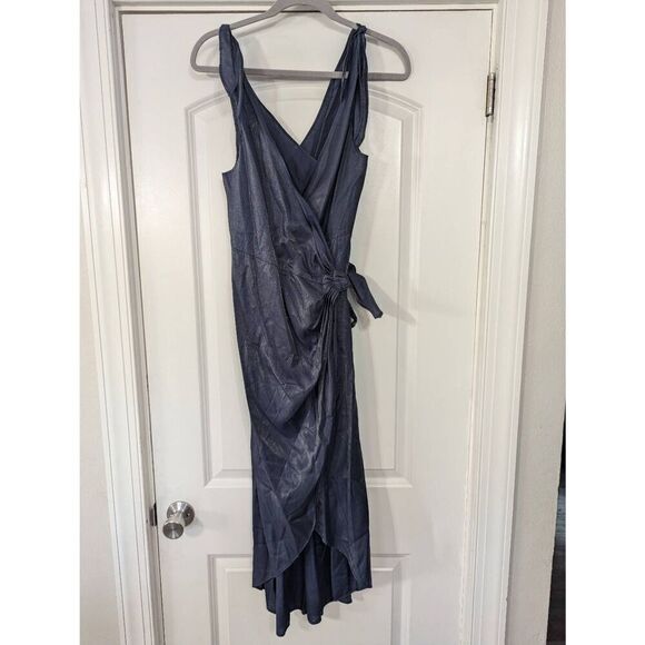 Free People Swipe Right Dress women's size XS‎ navy blue shimmer wrap midi belt - Picture 4 of 11